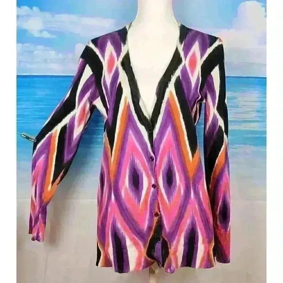 JONES NY SPORT MULTI-COLOR Cardigan Sweater TUNIC Top Lightweight Lg - Picture 2 of 9